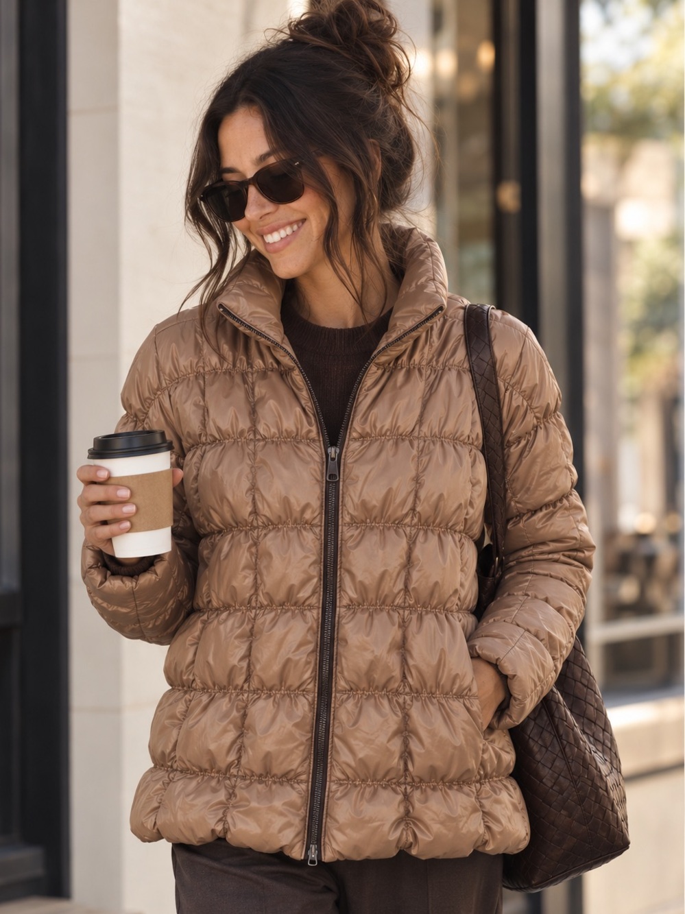 BCBGeneration Zip Quilted Short Puffer Jacket Toffee Brown M NWT